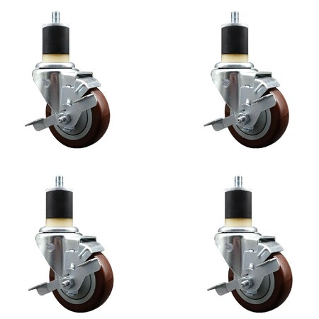 Service Caster 3.5'' Maroon Poly Swivel 1-7/8'' Expanding Stem Caster Set with Brake, 4PK SCC-EX20S3514-PPUB-MRN-TLB-178-4
